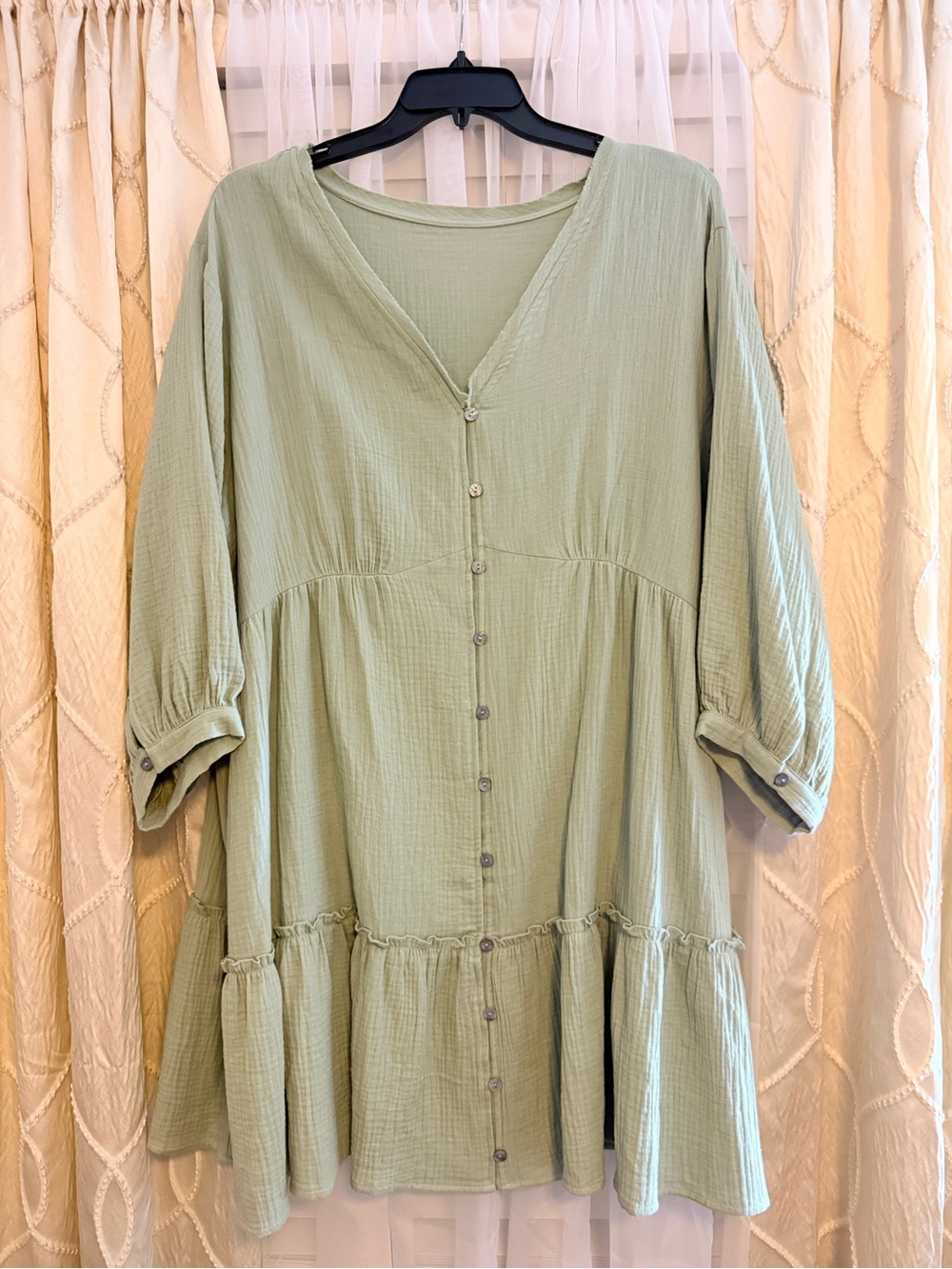 Light Sage Green Long Sleeve Button-Front Tiered Dress